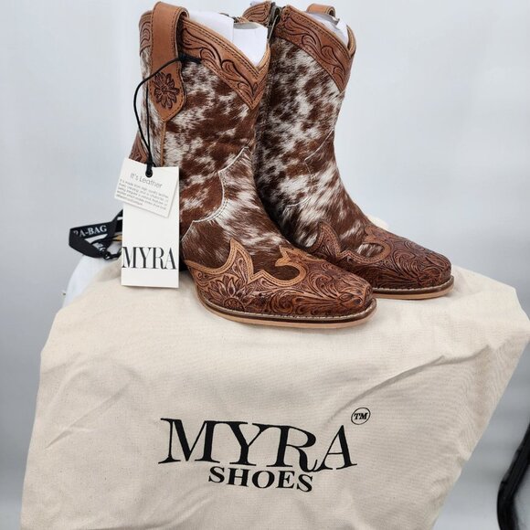 MYRA BAG Georgia Trails Brown & White Hair-On Hide Short Cowboy Boots 6-11 New - Picture 13 of 14